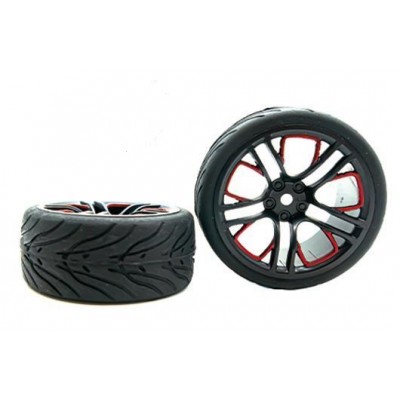 1/10 SCALE TOURING TIRES MOUNTED ON Five Blocks Red/Black Wheels - 12mm HEX